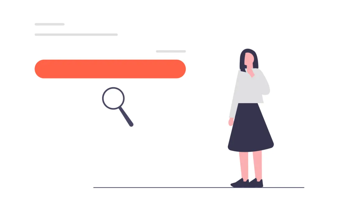 drawing of a woman standing beside a website search snippet