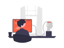 drawing of a man in front of a monitor attached to an AI device